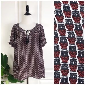 Joie Masha Smocked Owl Print Silk Top / Blouse